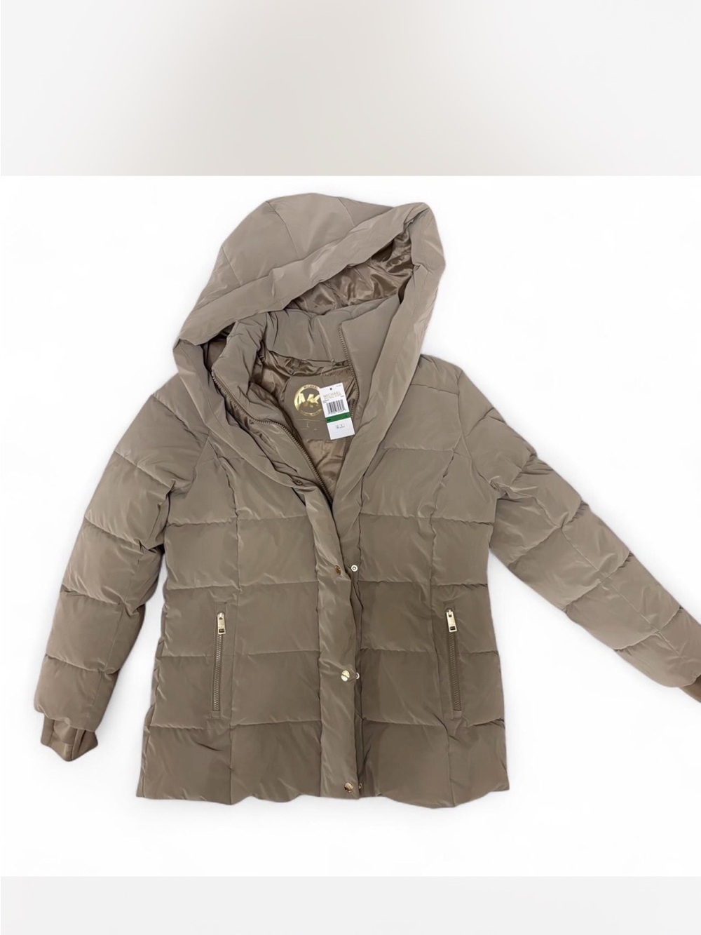 Michael Kors Quilted Puffer Coat with Hood in Taupe with Gold Zippers Size L NWT
